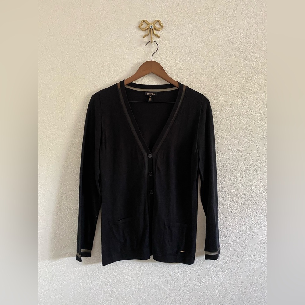Escada Virgin Wool Cotton Knit Button Front Cardigan Sweater Small Black Preppy